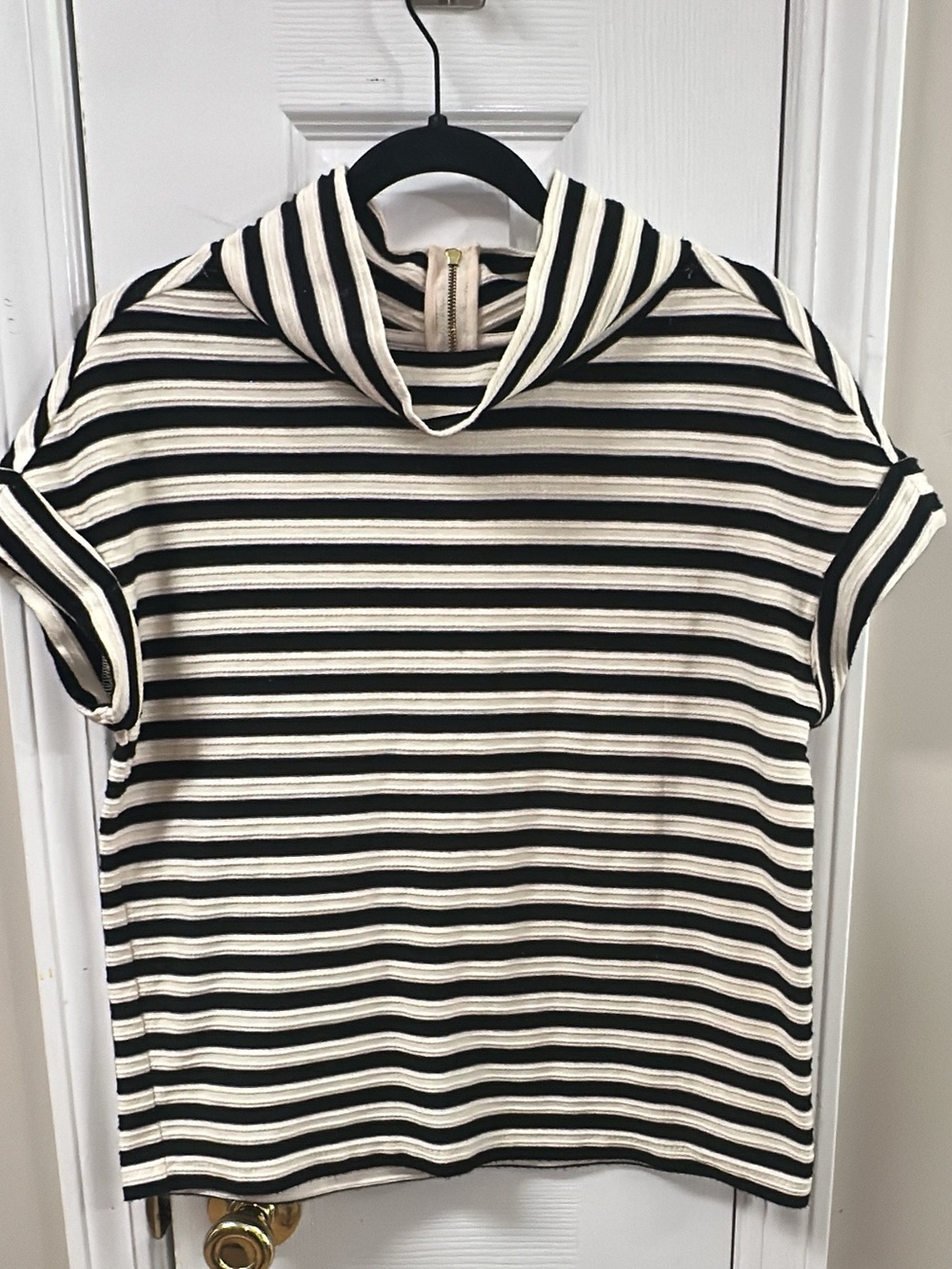 Anthropologie (postmark) Black and Cream Striped Short-Sleeve Turtleneck (mix49)